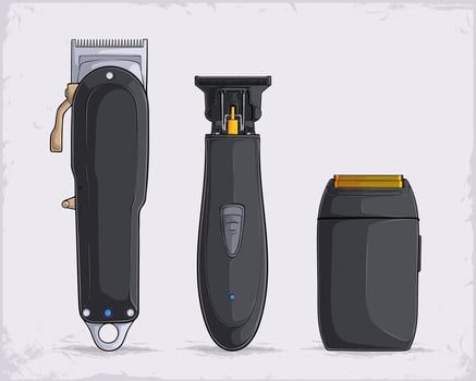 Hand drawn set of cordless hair clippers for hair and beard trim, professional barbershop equipment trimmer, foil shaver, clipper vector