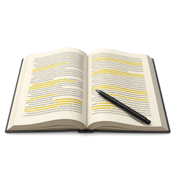 Open Textbook with Highlighted Sections and Pen on White Background png