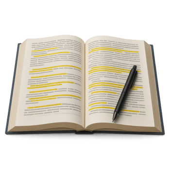 Open Textbook with Highlighted Text and a Pen on White Background png