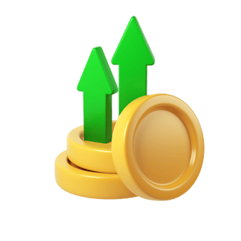 stack, Green arrows rising golden coin icon representing financial growth, investment performance, digital 3d rendering against transparent background png