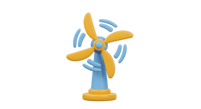 A rendering of a blue and orange wind turbine concept on transparent background, environmental technology for renewable energy. png