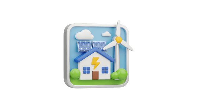 Sustainable house with solar panel and wind turbine, clean energy concept on transparent background for earth day. png