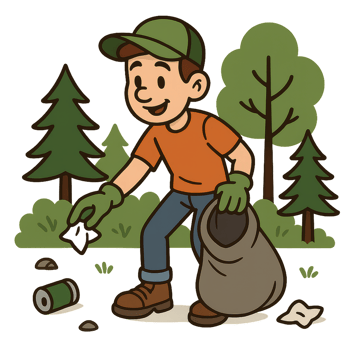 Cheerful Cartoon Character Engaging in Environmental Cleanup Activity png