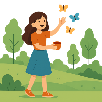 Girl Playing with Butterflies in a Lush Green Landscape Scene png