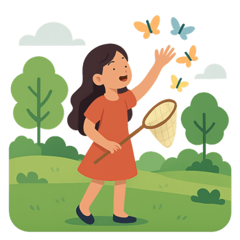 Joyful Girl Playing with Colorful Butterflies in Serene Nature png