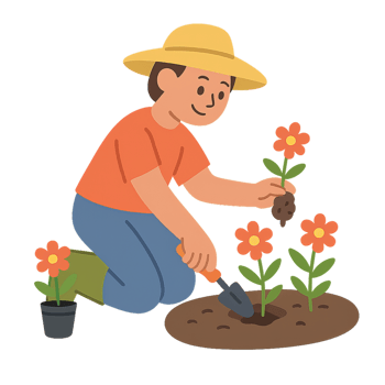Happy Gardener Planting Colorful Flowers in a Vibrant Garden Scene png