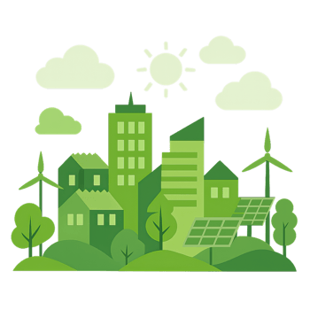 Eco-Friendly Cityscape Illustration with Renewable Energy Elements png