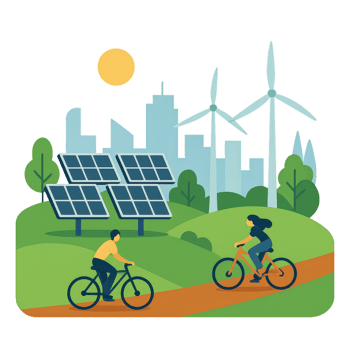 Clean Energy Urban Landscape with Bicycles and Wind Turbines png