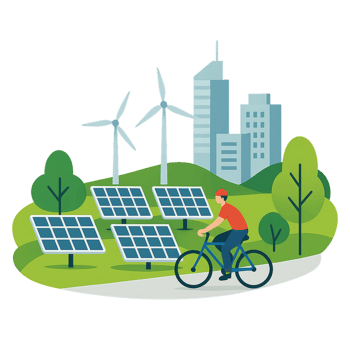 Urban Clean Energy Scene with Wind Turbines and Solar Panels png