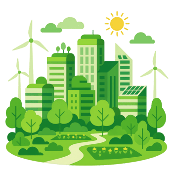 Green Smart Cityscape Illustration with Wind Turbines and Trees png