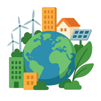 Clean Energy Cityscape Illustration with Wind Turbines and Nature png