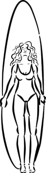 Swimsuit girl holding surfboard sketch for beach-themed packaging surf branding poster use vector