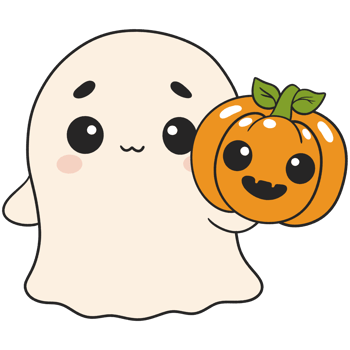 halloween cute ghost holding a mini pumpkin in flat color cartoon style png