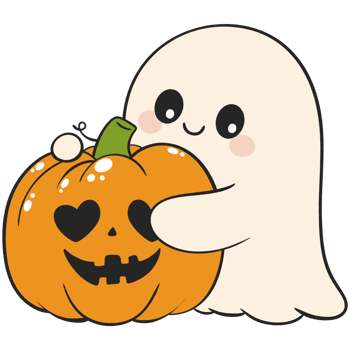 halloween cute ghost hugging pumpkin with heart eyes in flat color style png