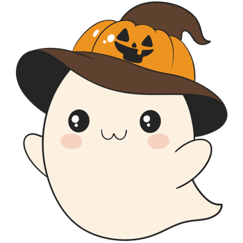 halloween cute ghost wearing a pumpkin hat in flat color cartoon style png