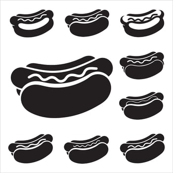 Collection of stylized black hot dog icons with wavy condiment details vector