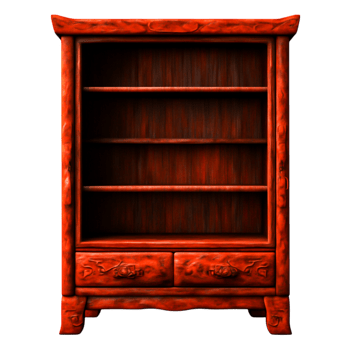 Elegant Wooden Display Cabinet with Artistic Carvings and Rich Cherry Finish png