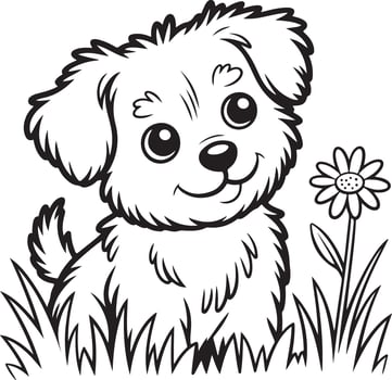 Black and White Illustration of a Cute Fluffy Puppy Sitting in the Grass Near a Daisy Flower Simple Cartoon Style Line Art Drawing for Coloring vector