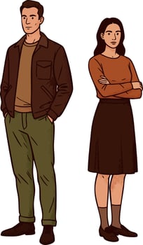 Young man and woman standing with casual autumn clothing in illustration style vector