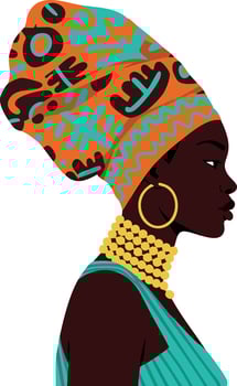 African woman profile with colorful headwrap and traditional jewelry art design in vibrant style vector