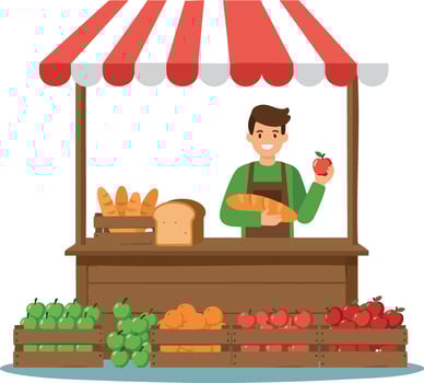 Farmer market stall selling fresh bread and fruits with smiling vendor holding apple illustration vector