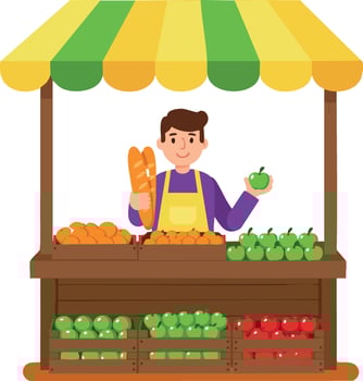 Fruit and vegetable market stall with vendor holding bread and apple fresh produce sales illustration vector