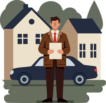 Real estate agent holding documents standing by car with houses in background illustration vector