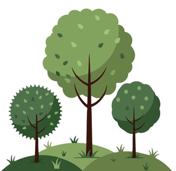 Three green trees on grassy hill illustration with nature and environment theme in flat style vector