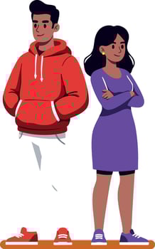 Young man in red hoodie and woman in purple dress standing side by side casual illustration vector
