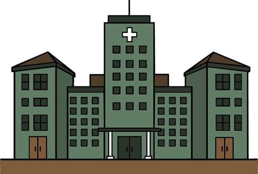 Hospital building with green facade and medical cross symbol illustration in simple style vector