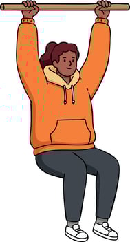 Woman hanging from horizontal bar exercising strength and fitness in casual hoodie and pants natural lifestyle illustration vector