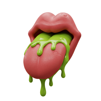 A cartoon style image showing red lips with a tongue covered in dripping green slime, suggesting a quirky and playful visual for creative projects. png