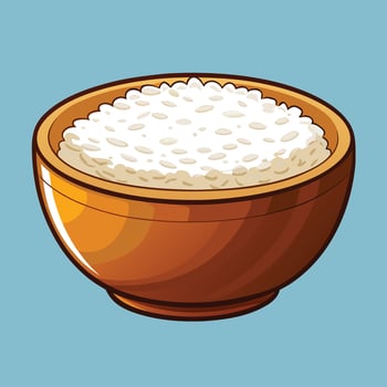 Delicious Bowl of Fluffy White Rice A Simple, Appealing Illustration of Cooked Rice in a Rustic Wooden Bowl Against a Serene Blue Background vector
