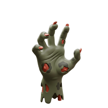An illustration shows a spooky green zombie hand with red nails and decaying flesh reaching up against a white background, perfect for Halloween themes or horror projects. png