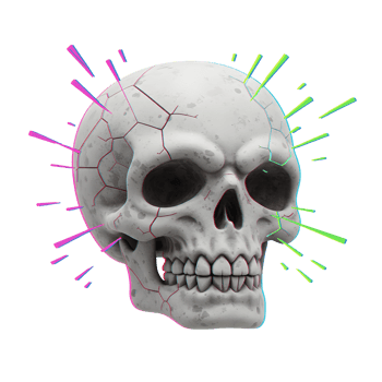 A cracked skull is featured with radiating neon green and purple rays for a striking design element. png