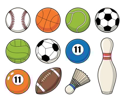 Collection of Cartoon Sport Balls and Equipment Colorful cartoon illustrations various sports balls equipment baseball basketball tennis ball soccer ball volleyball pool ball vector