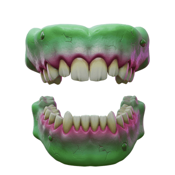 A monstrous zombie jaw featuring sharp teeth and green gums is presented, ideal for Halloween decorations or horror themed projects. png