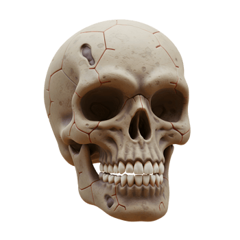 Detailed human skull features cracks and holes in its surface, rendering it ideal for Halloween decorations or artistic anatomical studies. png