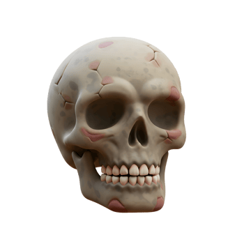 Cartoon style skull with cracks and blemishes, ideal for Halloween themed digital designs or spooky visuals. png