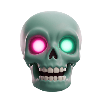A green skull with pink and green glowing eyes creates an eerie and playful aesthetic for Halloween decorations or themed designs. png