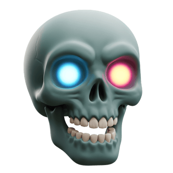A grey skull with one glowing blue eye and one glowing red eye stares forward, making it suitable for Halloween or spooky themes. png