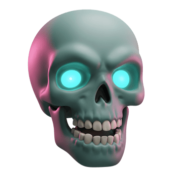A spooky skull with glowing teal eyes rendered in 3D with pink lighting creates an eerie effect, suitable for Halloween or horror themes. png