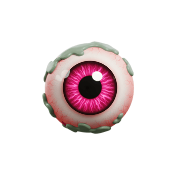 A 3D rendered pink eyeball with green mucus is isolated against a white background to be used for Halloween decoration. png