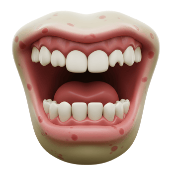 A stylized open mouth is showing teeth and tongue with red spots on the surrounding skin, ideal for illustrating dental health or cartoon characters. png