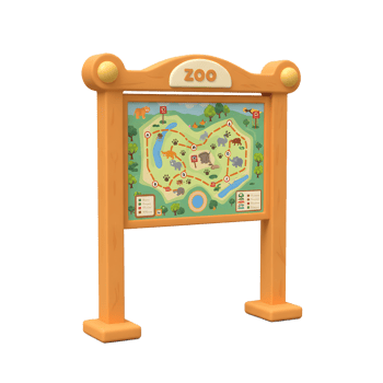A cartoon style zoo map is displayed on a wooden sign, showcasing various animal locations and pathways for visitors to navigate the park. png
