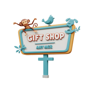 A cartoonish gift shop sign is decorated with a monkey, bird, and dog figure making it suitable for attracting customers. png