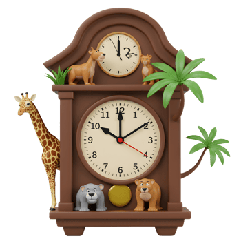 This image showcases an animal themed clock with a giraffe, lions, a dog, and palm trees, ideal for decorating a child's room. png