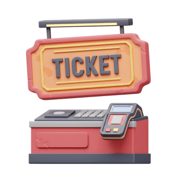A ticket machine with a sign, gray keyboard, and red body is used to sell tickets. png
