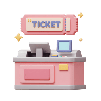 A stylized ticket booth with a monitor, buttons, and a ticket sign is shown, which could be used for entertainment or transportation events. png