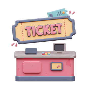 A 3D rendering shows a ticket above a counter with a monitor, suggesting ticket purchase or event entry. png